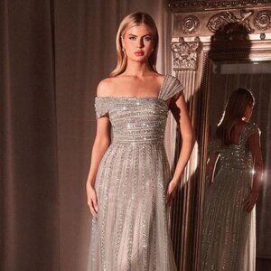 NEW FORMAL A-LINE TULLE DRESS W/ ASYMMETRICAL NECK & SEQUINS EMBROIDERY CD0238